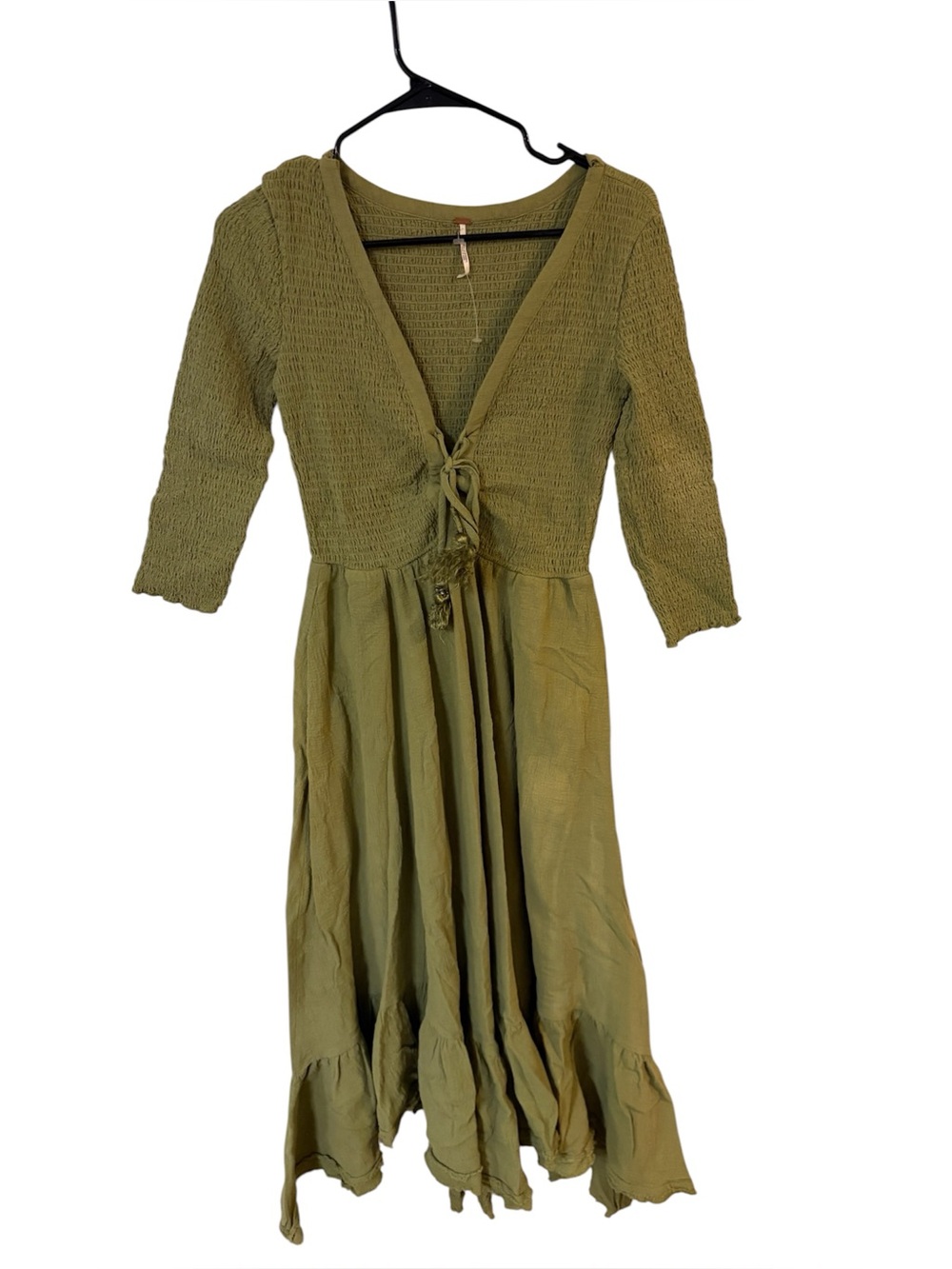Free People Olive Green Smocked Oversized Boho Midi Dress S